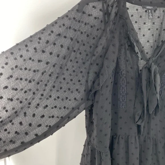 Aqua NWT Ruffle Clip Dot Mini Dress Pussy Bow Bishop Sleeves V Neck Black New - Picture 2 of 13